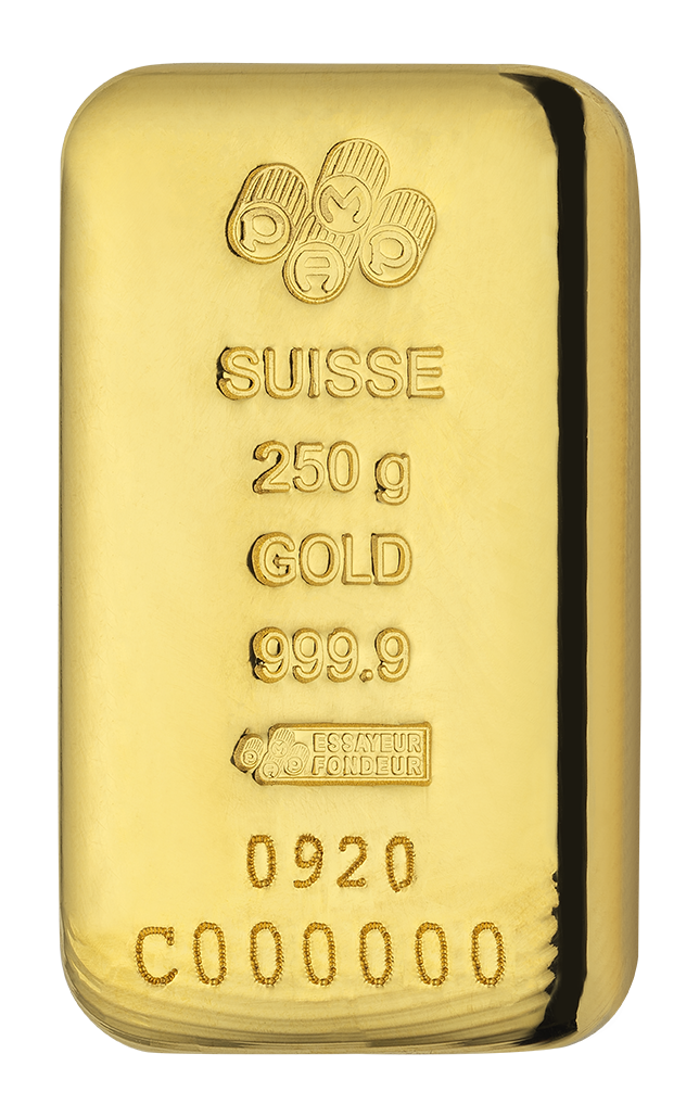 250 g Cast Gold bar Pamp