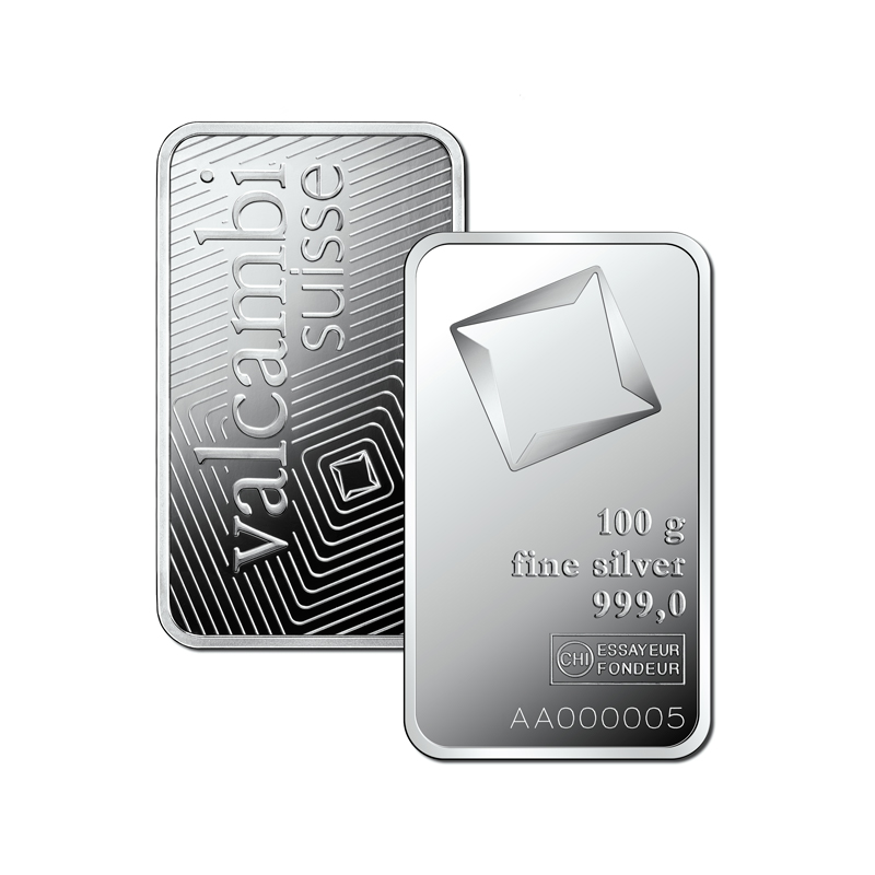 100 g Minted Silver bar Valcambi