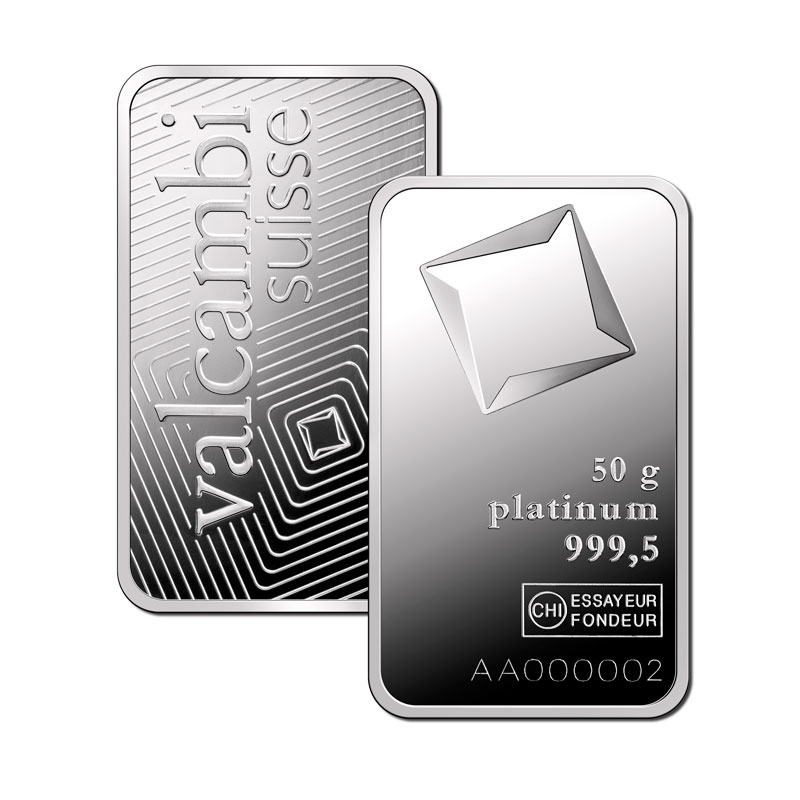 50 g Minted Platinum bar Valcambi